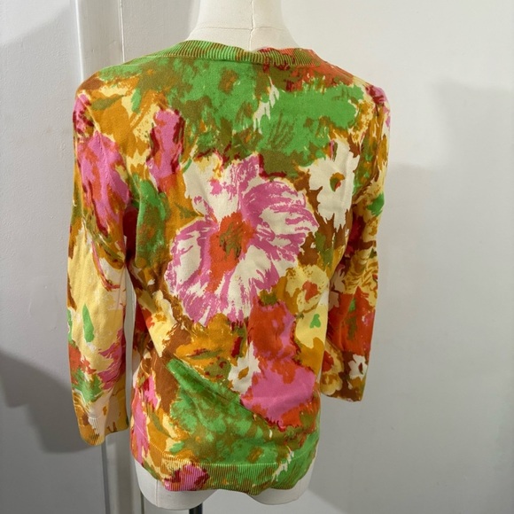 Talbots Orange Pink Green Floral Cardigan sweater 3/4 sleeve Preppy Classic Sz S - Picture 3 of 8